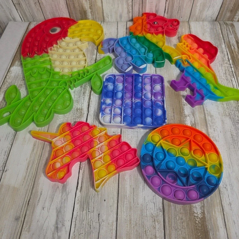 6pc Rainbow Pop It Fidget Toy Set Silicone Sensory Toys Unicorn Dinosaur Parrot - Picture 3 of 4